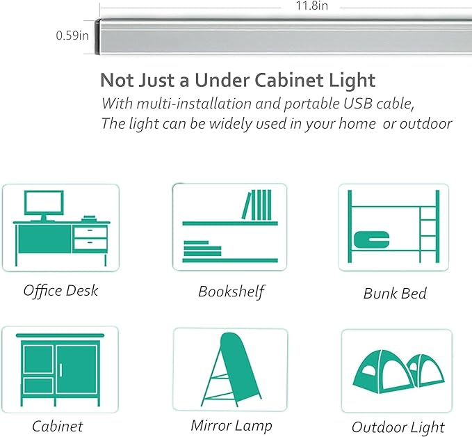 ASOKO Under Cabinet Led Lighting, 12 Inch Light Strip Bar, Cool White 6000K Dimmable Plug in USB Light, Small Thin Led Under Counter Lighting for Kitchen/Room/Shelf/Desk/Display Case