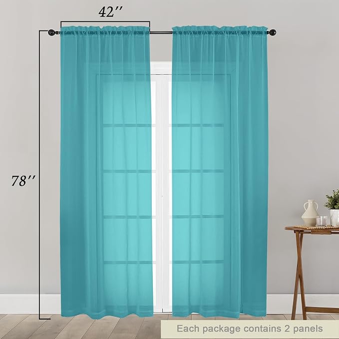 Turquoise Sheer Curtain for Bedroom Living Room 78 Inches Long 2 Panels Set - Image 2