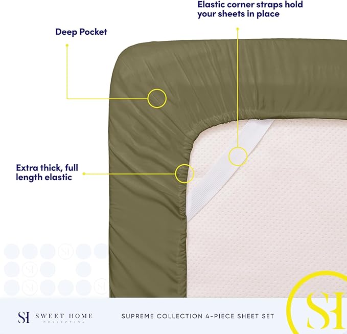 California King Sheet Sets - Breathable Luxury Sheets with Full Elastic & Secure Corner Straps Built In - 1800 Supreme Collection Cal King Deep Pocket Bedding Set, Sheet Set, California King, Olive