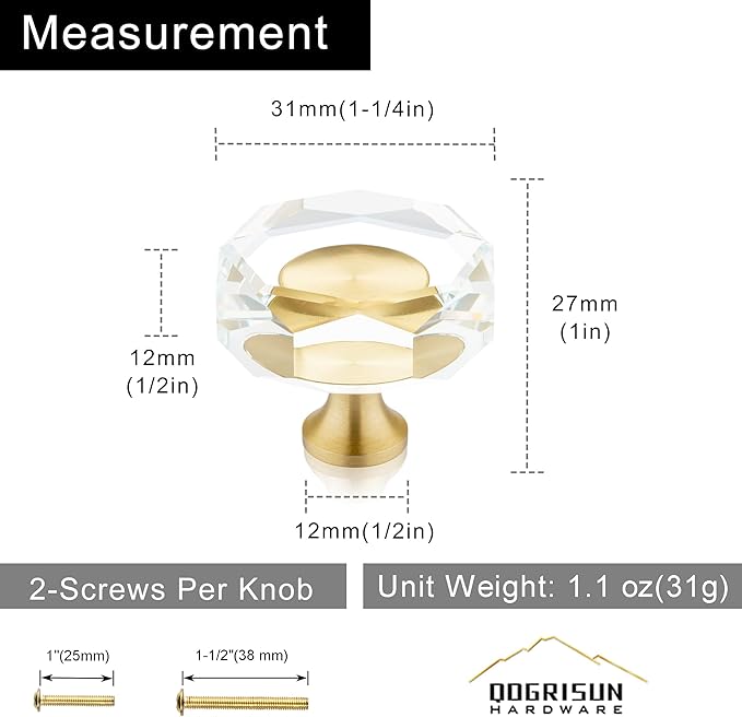 QOGRISUN 15-Pack Brass Crystal Cabinet Knobs, Glass Crystal Gold Drawer Knobs, 1-1/4-Inch Polygon, Decorative Dresser Pulls, Modern Cabinet Hardware