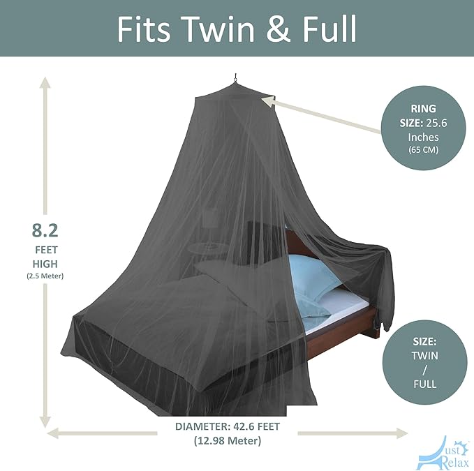 Just Relax Decorative Elegant Bed Net Canopy Set Including Full Hanging Kit, Ideal for Indoors or Outdoors, Intended for Covering Beds, Cribs, Hammocks (Black, Twin/Full)