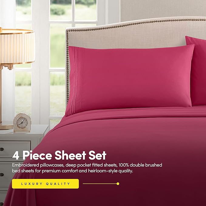 RV Short Queen Sheet Set with Built-In Sheet Straps -✅ Deep Pocket Recreational Vehicle Camper Size Fitted Sheet, Flat Sheet & Pillowcases -✅ Soft, Wrinkle-Free, Secure Fit -✅ Fuschia