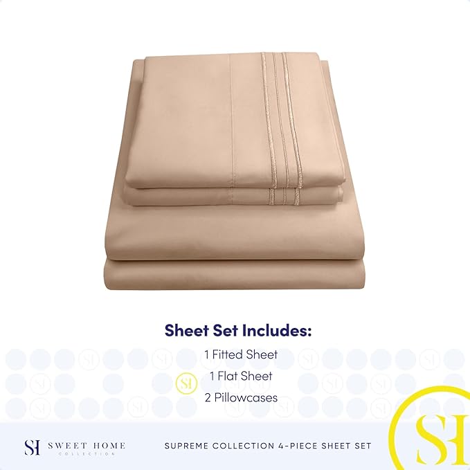 RV Queen Bed Sheets - Breathable Luxury Sheets with Full Elastic & Secure Corner Straps Built In - 1800 Supreme Collection Extra Soft Deep Pocket Bedding Set, Sheet Set, RV Short Queen, Taupe