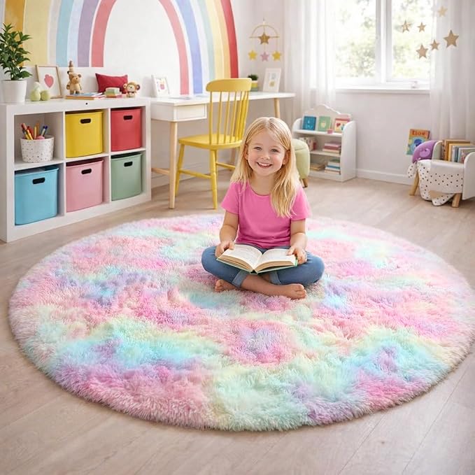 Amdrebio Rainbow Big Round Furry Area Rug 7Ft - Image 3
