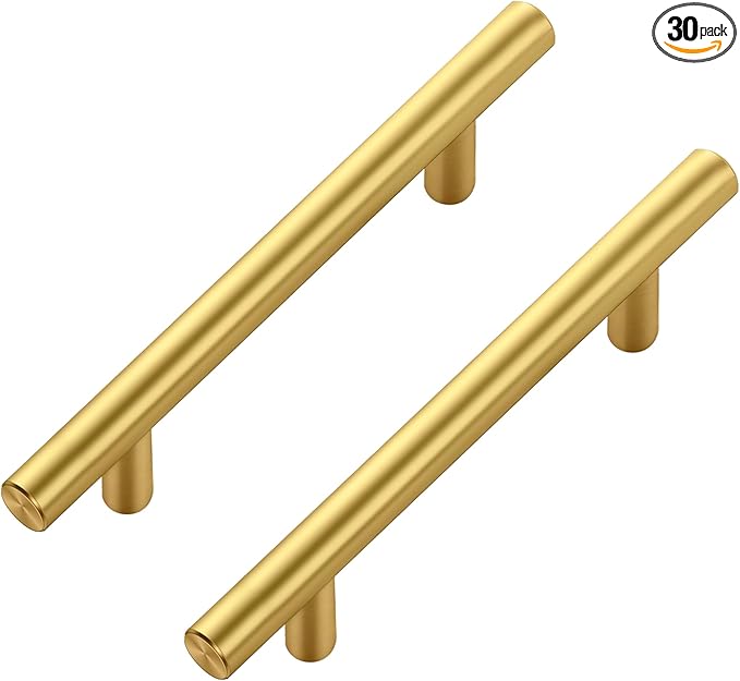 JOY DECOR 30 Pack Cabinet Handles, Gold Cabinet Pulls, 3-3/4 in Hole Center Kitchen Cabinet Handles, Stainless Steel T Bar Handles for Dresser Drawers