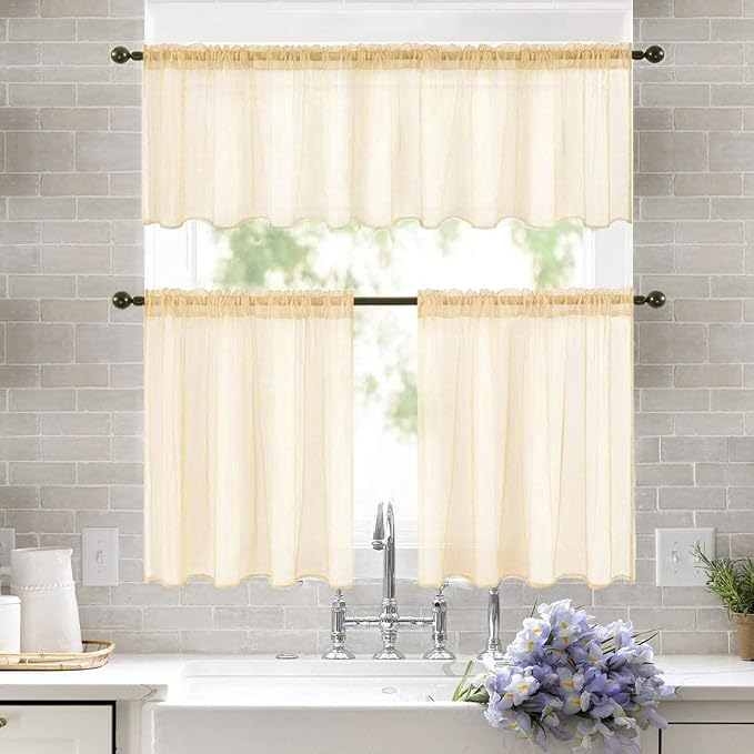 MIULEE Cream Beige Short Sheer Curtains 2 Panels, 29 x 30 Inches | Rod Pocket - Image 8