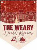 Christmas Wall Hanging Banner, "The Weary World Rejoices" Canvas Wall Art, Festive Town & Santa Sleigh Print Hanging Decor for Home, Living Room, Bedroom Holiday Decoration, 15.7 x 21.6 In