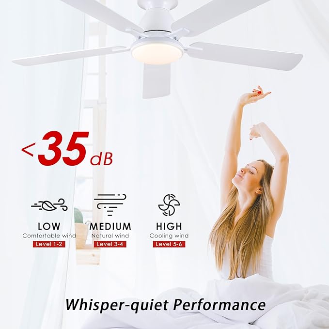 Ceiling Fans with Lights- 52" RGB Low Profile Indoor Ceiling Fan with Light and Remote/APP Control, Flush Mount, LED Dimmable DC Reversible Modern Ceiling Fan for Bedroom（White）