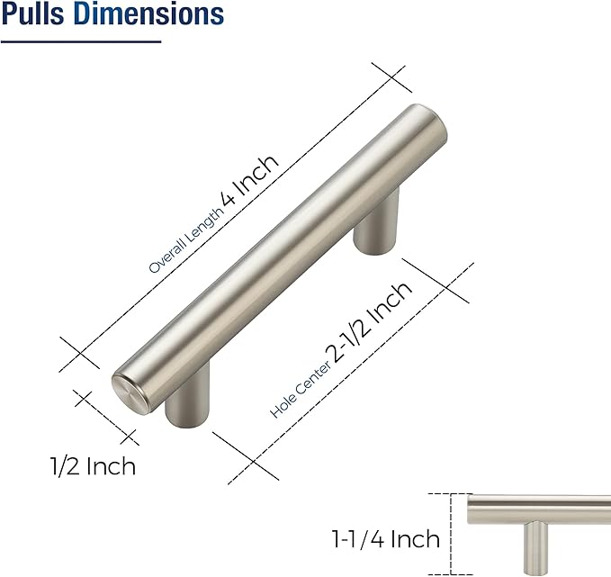 JOY DECOR 45 Pack Cabinet Handles, Brushed Nickel Cabinet Pulls, 2-1/2 in Hole Center Kitchen Cabinet Handles, Stainless Steel T Bar Handles for Dresser Drawers