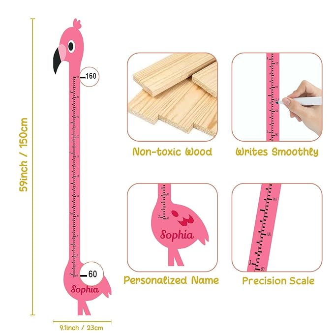 Personalized Growth Chart for Wall, Wooden Height Chart for Kids, Cute Height Measurement for Child/Girls/Boys, Baby and Toddler's Playroom/Kid's Room/Nursery Decor, Flamingo