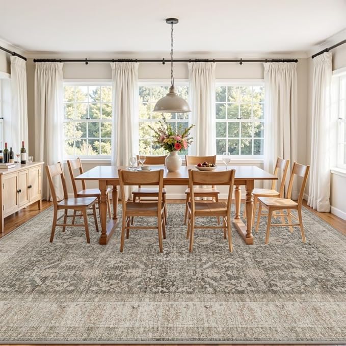 10x14 Area Rugs Living Room: Bedroom Washable Carpet Warm Taupe | Vintage Boho - Image 3