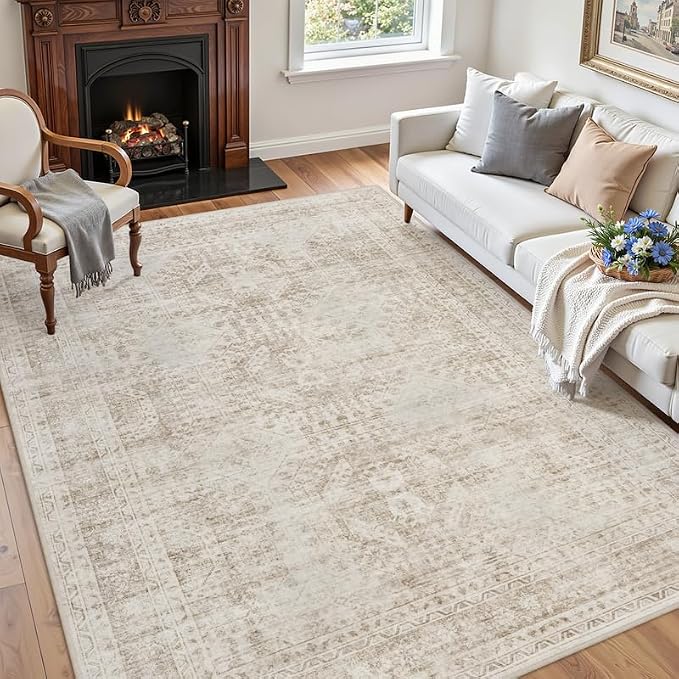 5x7 Area Rugs Living Room: Bedroom Neutral Washable Carpet Brown | Vintage Boho - Image 3