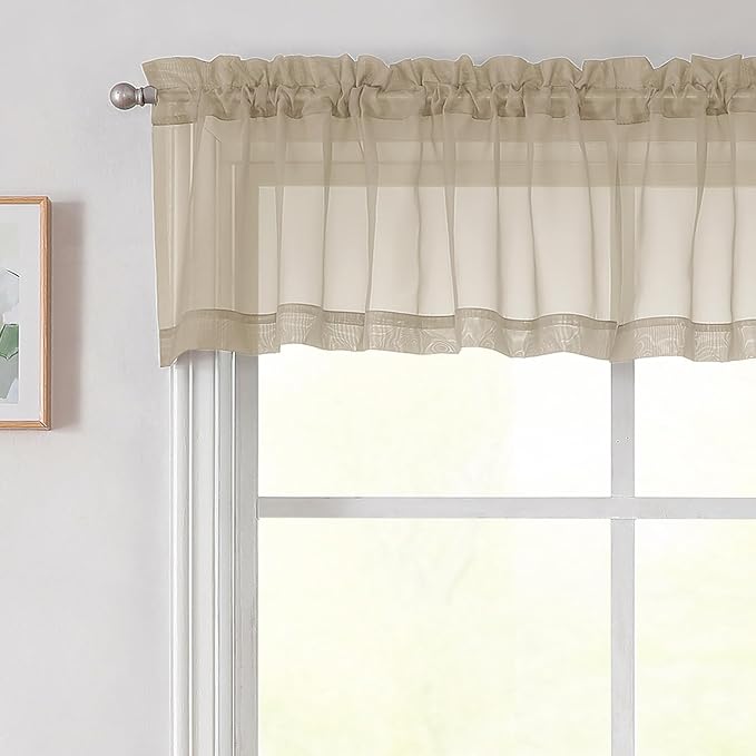 Taupe Valances for Windows, Taupe Sheer Curtains 14 Inch Length 2 Pack Kitchen by WelvetBLK