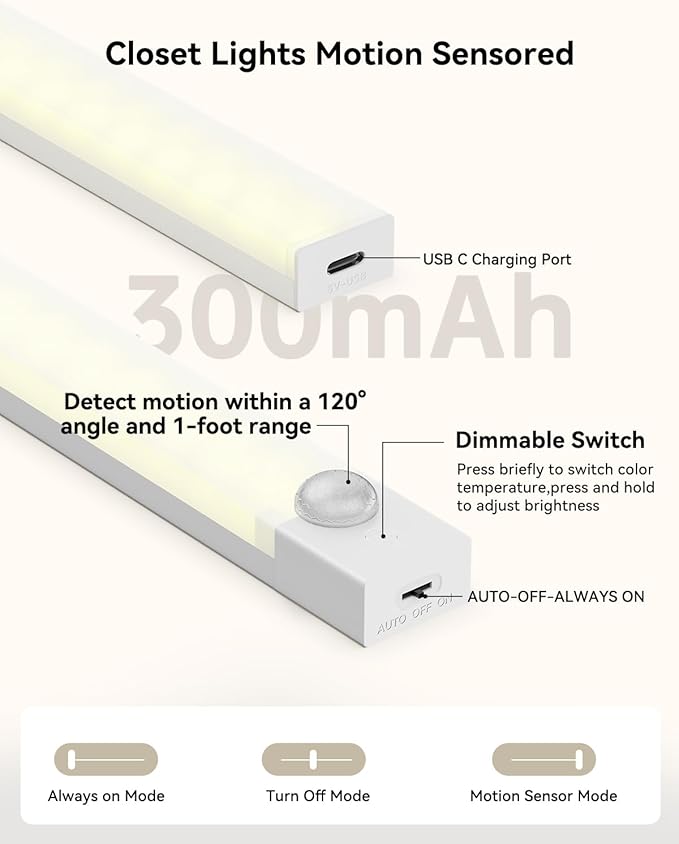 Under Cabinet Lighting 8 Inches Rechargeable Motion Sensor Light Indoor, 3 Color Dimmable Closet Light Battery Operated, USB Stick on LED Magnetic Under Counter Lights for Kitchen Stair, 3 Packs
