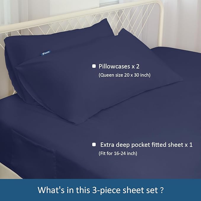 Queen Sheet Set for Air Mattress - Sheets Queen Size Bed Set - 3Pcs Side Storage Pocket Fitted Sheet & Pillowcases Easily Fits 16in to 24in Pillow Top Air Bed Mattress - Navy Blue
