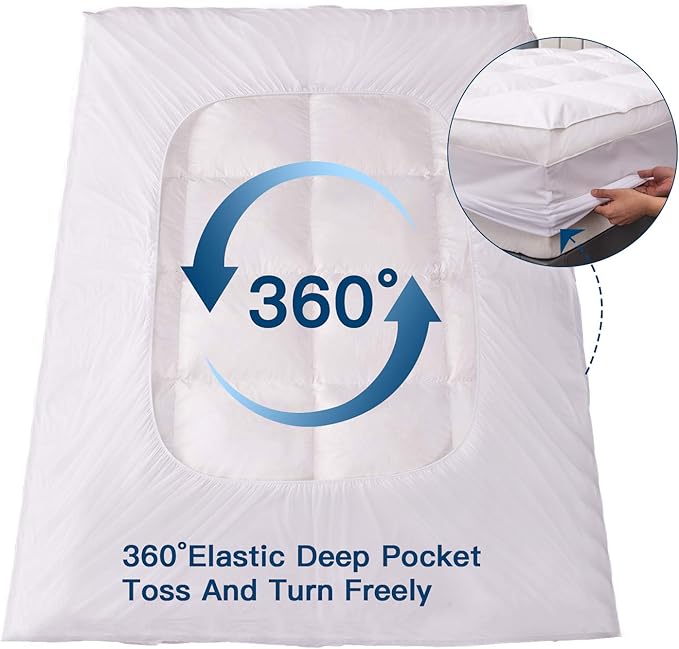 ELEMUSE King Size Extra Thick Fusion Goose Down Feather Filled Mattress Topper, Plush Fluffy Double Layer Pillowtop Mattress Pad Cover, Soft Featherbed with 8-21 Inch Deep Pocket