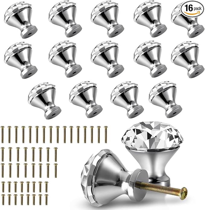30mm Kitchen Cabinet Knobs Drawer Pull Handle Hardware, Crystal Clear Glass Round Diamond Shape Dresser Closet Bi-fold Door Bathroom Cupboard Desk Nightstand Furniture Decorative Drawer Knobs （16PCS）