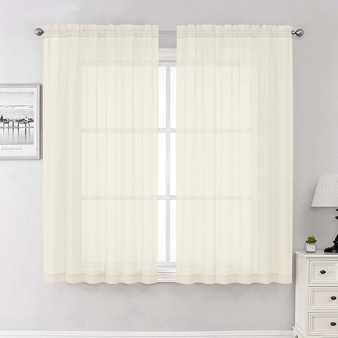 Cream Sheer Curtains 63 Inch Length 2 Panels, Rod Pocket Light Filtering by Lecloud