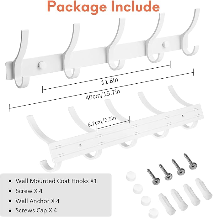 Coat Rack Wall Mount, Coat Hook Wall Mount, Wall Hooks for Hanging, Hat Rack for Walls, Coats Hanger with 10 Hook, Towel Hooks for Bathrooms (2 Pack, White)