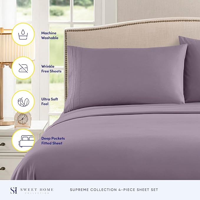 Twin XL Sheets - Breathable Luxury Sheets with Full Elastic & Secure Corner Straps Built In - 1800 Supreme Collection Extra Soft Deep Pocket Bedding Set, Sheet Set, Twin XL, Plum