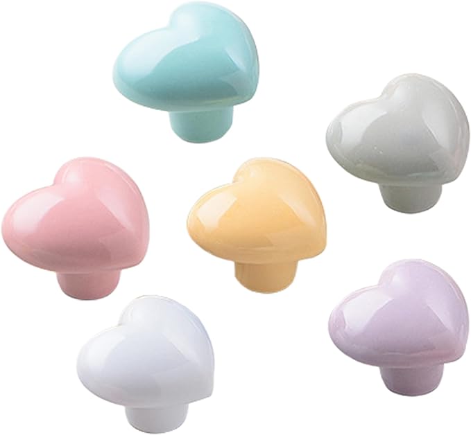 Ceramic Drawer Knobs Heart Shape Colorful Heart Cabinet Dresser Pulls Handles with 3 Sized Screws, Kitchen Furniture Knobs for Closet Cupboard Wardrobe (Mixed Color, 6 Pack) (6packmixcolor)