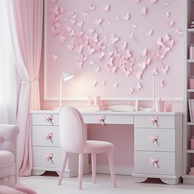 16 Pcs Bow Knobs for Dresser Matel Bow Drawer Knobs Vintage Dresser Handles Cabinet Drawer Pulls for Home Bedroom Kitchen Cabinets Hardware Cupboard (Pink,Classic Style)