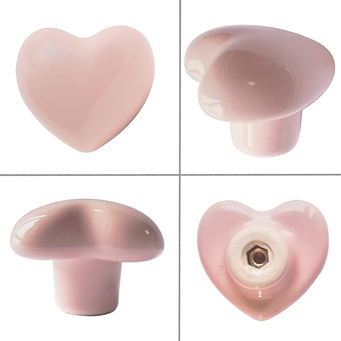 Ceramic Drawer Knobs Heart Shape Cabinet Dresser Pulls Handles with 3 Sized Screws, Kitchen Furniture Knobs for Closet Cupboard Wardrobe (2, Powder Pink)
