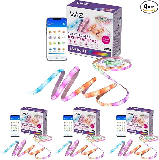 WiZ Connected 16.4 ft LED Light Strip for Your Smart Home - Flowing Multicolor LED, Color-Changing, Cuttable - Voice/App Control - Works with Google Home, Alexa and HomeKit (Pack of 4)