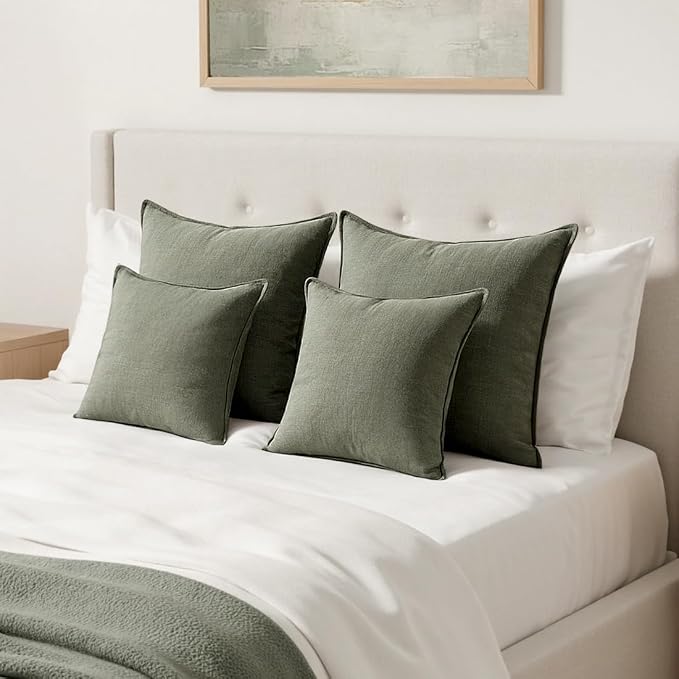 MIULEE Decorative Linen Euro Sham Pillow Covers 24x24 Inch Olive Green | Boho - Image 3