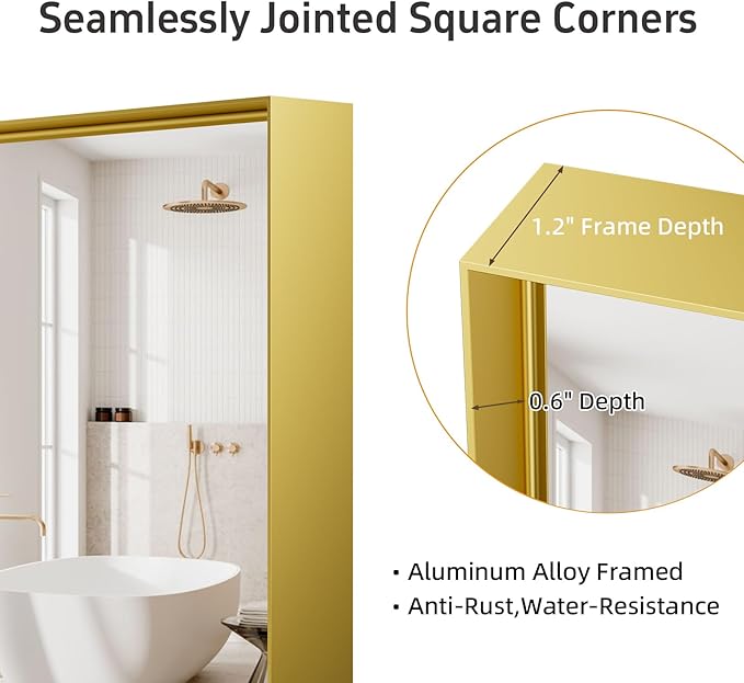 48x30 Inch Gold Bathroom Mirrors for Over Sink, Rectangle Vanity Mirror, Metal Framed Mirrors for Wall, Tempered Glass, Anti-Rust,Wall Mounted Horizontal/Vertical