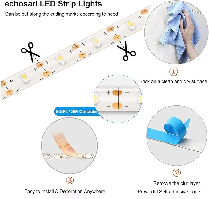 echosari Blue Led Strip Lights Waterproof Battery Operated with Remote, 8 Modes, Dimmable, Timer, Self-Adhesive, Cuttable, 3M 90Led Battery Strip Led Light for Indoor Outdoor Decor
