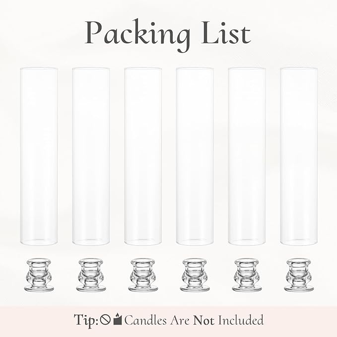 Glass Hurricane Candle Holder: 12" Tall Candlestick Holder Bulk with Cylinder Windproof Cover Set of 6 Clear Taper Candle Holders for Wedding Party Birthday Christmas Decor