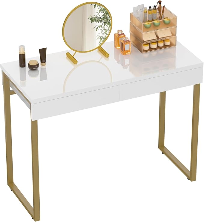 GreenForest Vanity Desk with 2 Drawers,47 inch White Desk with Glossy Desktop Easy Clean,Makeup Dressing Table with Metal Gold Legs for Home Office Small Spaces,Bedroom
