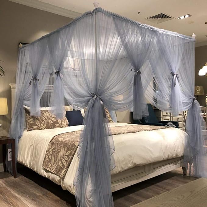 Joyreap 4 Corners Post Canopy Bed Curtain for Girls & Adults - Royal Luxurious Cozy Drape Netting - Cute Princess Bedroom Decoration (Gray-Blue, Full/Queen)