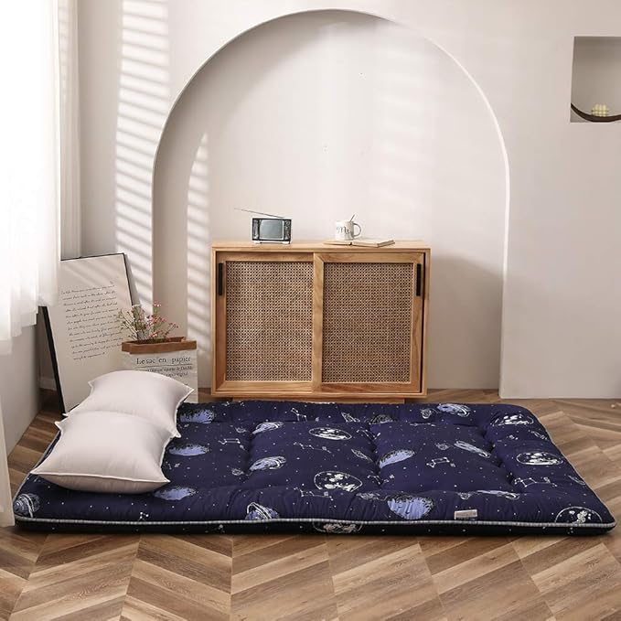 Navy Space Adventure Japanese Floor Futon Mattress, Thicken Tatami Mat Sleeping Pad Foldable Bed Roll Up Mattress Floor Lounger Bed Couches and Sofas for Kids Full Size