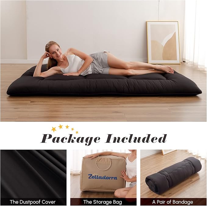 Japanese Floor Mattress, Futon Mattress with Portable Storage Bag and Washable Cover, Roll Up Thick Tatami Mat Suitable for Camping, Guest Room, Black, Full
