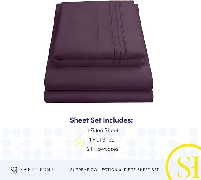 Split King Sheets - Breathable Luxury Sheets with Full Elastic & Secure Corner Straps Built In - 1800 Supreme Collection Extra Soft Deep Pocket Bedding Set, Sheet Set, Split King Size, Purple