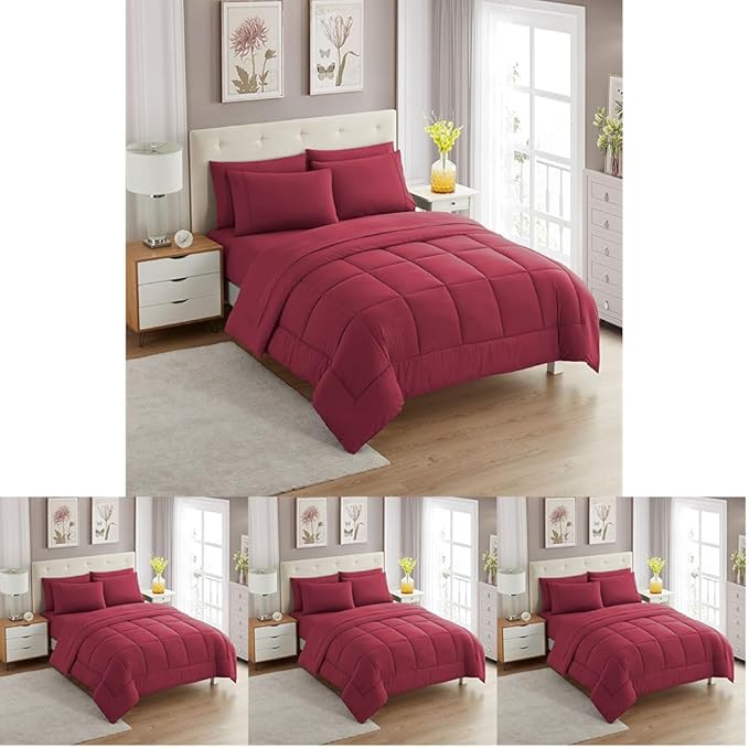Sweet Home Collection 7 Piece Comforter Set Bag Solid Color All Season Soft Down Alternative Blanket & Luxurious Microfiber Bed Sheets, Burgundy, Twin (Pack of 4)