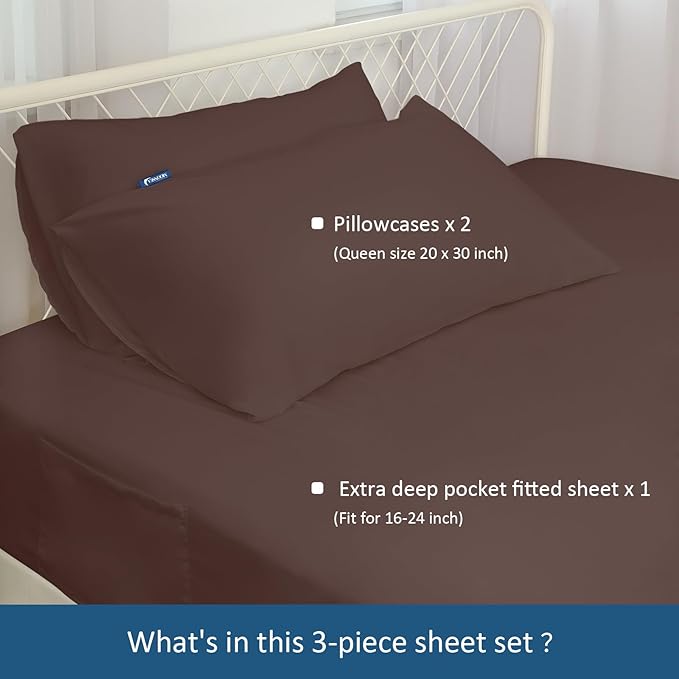 Queen Sheet Set for Air Mattress - Sheets Queen Size Bed Set - 3Pcs Side Storage Pocket Fitted Sheet & Pillowcases Easily Fits 16in to 24in Pillow Top Air Bed Mattress - Brown