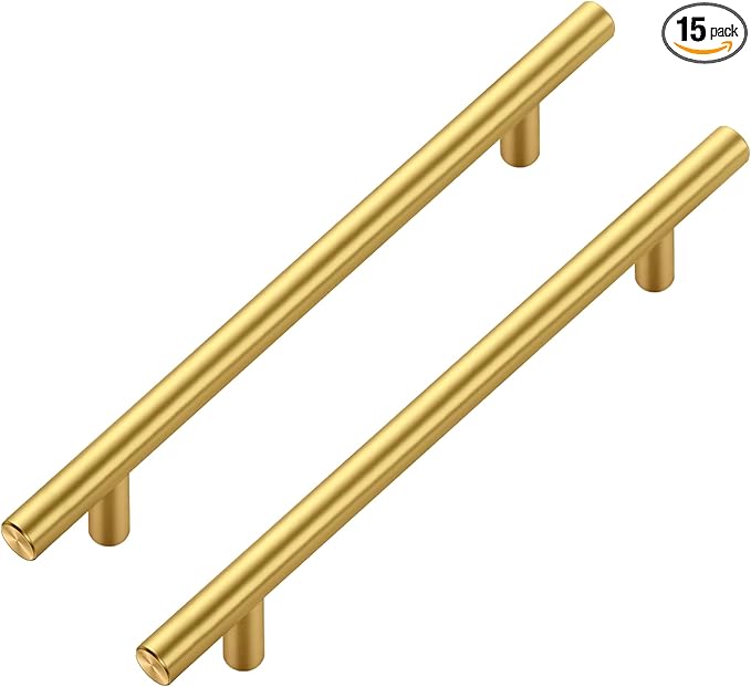 JOY DECOR 15 Pack Cabinet Handles, Gold Cabinet Pulls, 6-1/4 in Hole Center Kitchen Cabinet Handles, Stainless Steel T Bar Handles for Dresser Drawers