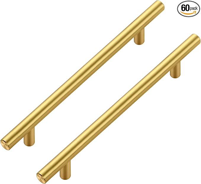 JOY DECOR 60 Pack Cabinet Handles, Gold Cabinet Pulls, 6-1/4 in Hole Center Kitchen Cabinet Handles, Stainless Steel T Bar Handles for Dresser Drawers