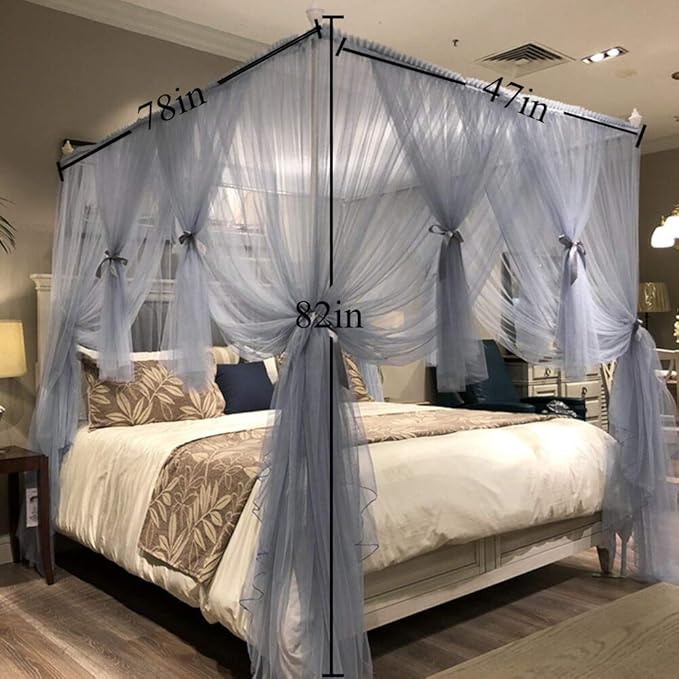 Joyreap 4 Corners Post Canopy Bed Curtain for Girls & Adults - Royal Luxurious Cozy Drape Netting - Cute Princess Bedroom Decoration Accessories(Gray-Blue, Twin)
