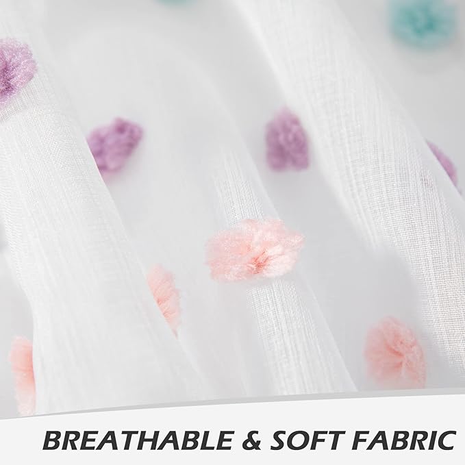 MYSKY HOME Rainbow Pom Pom Curtains Nursery Curtains for Girls Bedroom 63 Inch Length Long Window White Sheer Curtains for Kids Room Rod Pocket Farmhouse Window Drapes 2 Sets 38" x 63"