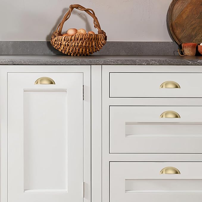 khtumeware 10 Pack 5" Gold Drawer Pulls Brushed Brass Cabinet Cup Pulls Kitchen Hardware Cabinet Handles Drawer Handles Knobs 5 inch Hole Center