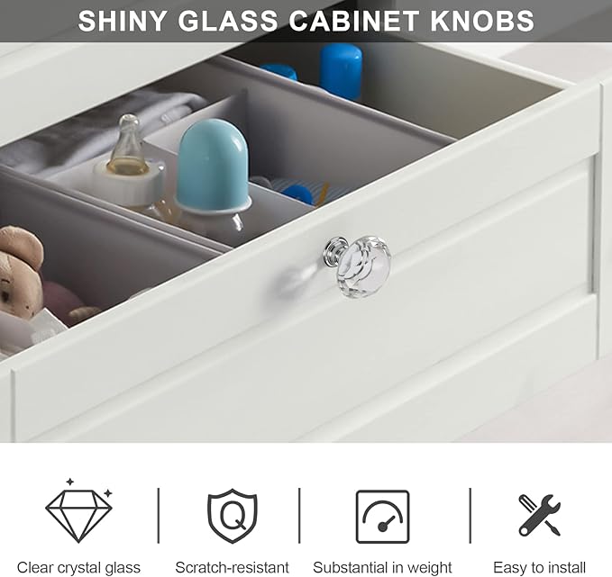 Alzassbg 6 Pack Clear Crystal Drawer Knobs, 1-1/5 Inch(30mm) Diameter Cabinet Knobs Glass Diamond Crystal Knobs for Drawers AL1001CP
