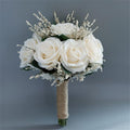 Wedding Bouquet Artificial Roses Flower Bride Bridal Bouquets Handmade Silk Creamy Flower Wedding Bridal Bouquets for Church Party Home Decoration (Cream)