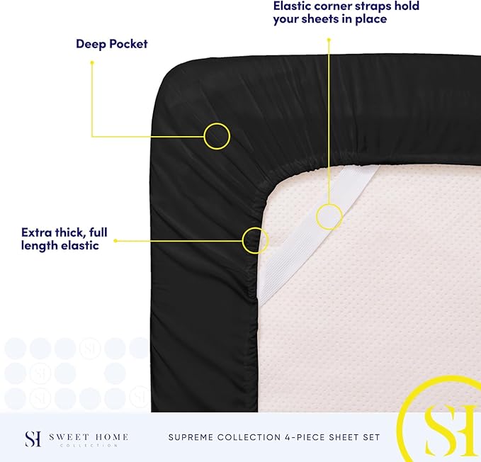 King Size Sheets - Breathable Luxury Bed Sheets with Full Elastic & Secure Corner Straps Built In - 1800 Supreme Collection Extra Soft Deep Pocket Bedding, Sheet Set, EXTRA DEEP pocket - King, Black
