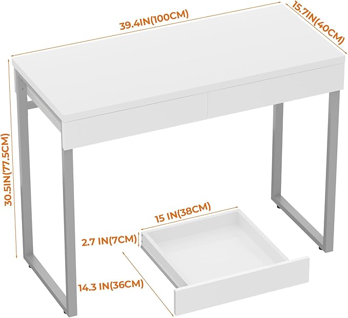 GreenForest Vanity Desk with 2 Drawers,Glossy Desktop White Desk for Bedroom,Makeup Table with Storage Space,Small Desk for Home Office,39 inch No Mirror