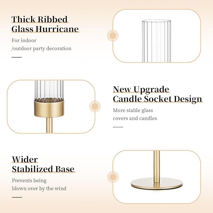Gold Hurricane Taper Candle Holders: Glasseam 3Pcs Brass Candlestick Holders with Ribbed Glass Cylinder Cover Fluted Tall Candle Sticks Holder Decor for Table Centerpiece Wedding Christmas Decorations
