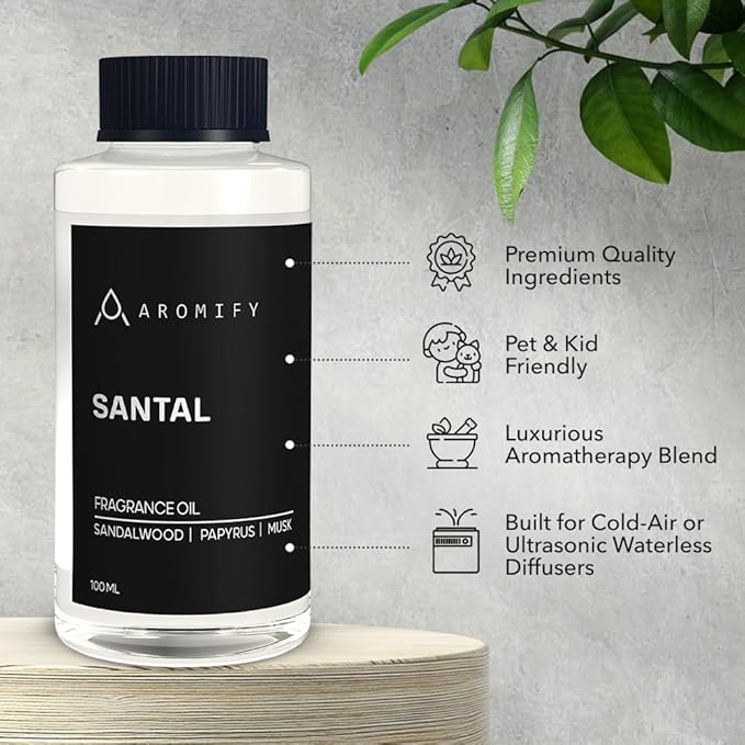 Santal Diffuser Oil, 3.3 Fl Oz, 100 mL, Diffuser Fragrance Oil for Home, Bathroom & Office, Aromatherapy Blend of Natural Essential Oil, Sandalwood & Musk Scent.